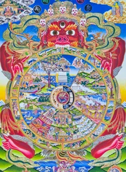 Mandala van het Levenswiel, met een voorstelling van de Kalachakra of het misleide bestaan in de muil van Yama, de god van de dood die geboorte, dood en wedergeboorte verbeeldt