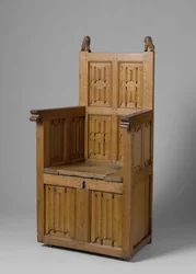 Fauteuil met doosvormige basis, versierd met letterpaneel en schilddragende leeuwen