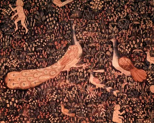 Het gordijn van het seigneuriale leven: detail met vogels en een pauw. Wandtapijt van wol en zijde, rond 1520 vervaardigd in Nederland. 2,6 x 3,7 m, Parijs, Nationaal Museum van de Middeleeuwen, Thermes de Cluny
