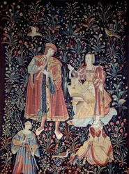 Het gordijn van het Seigneuriale Leven: het concert Wandtapijt van wol en zijde gemaakt rond 1520 in Nederland. 2,6x3,7 m Parijs, nationaal museum van de Middeleeuwen, Thermes de Cluny