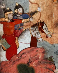 De boogschutters van de Mongoolse leider Timoer Lenk (1336-1405) (of Timur Lang, Timur de Lamme) tijdens de Slag bij Ankara (Ancyra of Ankora), waarin de Mongolen op 20/07/1402 het Ottomaanse leger versloegen. Detail. Bibliotheek van het