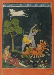 Parasurama die Karttavirya Arjuna doodt, Chamba of Bilaspur, Himachal Pradesh, ca.1750-60