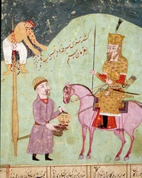 Islamitische kunst: een vijand wordt gespietst en onthoofd. Perzische miniatuur uit een manuscript van het epische gedicht 