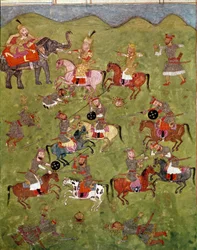 Islamitische kunst: gevechtsscène. Perzische miniatuur uit een manuscript van het epische gedicht „Shahnameh” (Shah Nama, Shahnama) (Boek der Koningen) van Ferdowsi (Firdawsi, Ferdawsi of Firdousi, ca. 940-rond 1020). Biblioteca Nazionale, Napels