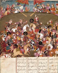 Islamitische kunst: gevechtsscène. Perzische miniatuur uit een manuscript van het epische gedicht ‘Shahnameh’ (Shah Nama, Shahnama) (Boek der Koningen) van Ferdowsi (Firdawsi, Ferdawsi of Firdousi, ca. 940 - omstreeks 1020), Biblioteca Nazionale, Napels