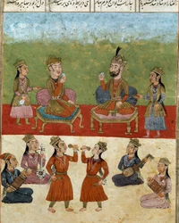 Islamitische kunst: concert en vermaak in een harem. Perzische miniatuur uit een handschrift van het epische gedicht ‘Shahnameh’ (Shah Nama, Shahnama) (Boek der Koningen) van Ferdowsi (Firdawsi, Ferdawsi of Firdousi, ca. 940-rond 1020), Biblioteca
