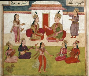 Islamitische kunst: concert en vermaak in een harem. Perzische miniatuur uit een manuscript van het epische gedicht „Shahnameh” (Shah Nama, Shahnama) (Boek der Koningen) van Ferdowsi (Firdawsi, Ferdawsi of Firdousi, ca. 940-rond 1020). Biblioteca