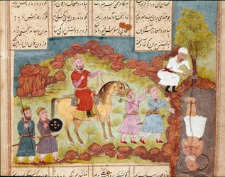 Islamitische kunst: martelscène van een vijand, levend begraven aan de voet van een boom
