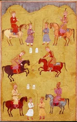 Islamitische kunst: de polowedstrijd. Perzische miniatuur uit een manuscript van het epische gedicht ‘Shahnameh’ (Shah Nama, Shahnama) (Boek der Koningen) van Ferdowsi (Firdawsi, Ferdawsi of Firdousi, ca. 940 - omstreeks 1020), Biblioteca Nazionale, Napels