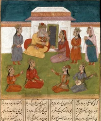 Haremscène in een Perzische miniatuur uit een handschrift van het epische gedicht ‘Shahnameh’ (Shah Nama, Shahnama) (Boek der Koningen) van Ferdowsi (Firdawsi, Ferdawsi of Firdousi, ca. 940-rond 1020), Biblioteca Nazionale, Napels