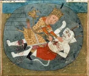 Rostam, zoon van Zal, die de witte demon van Mazandaran doodt, miniatuur uit een manuscript van het epische gedicht Shahnama (Shahnameh) door Firdawsi (gouache op papier)