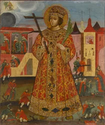 Dimitri Ivanovitsj (1582-1591) (tsarevitsj Demetrius of Dimitri of Dmitri van Oeglitsj of Dmitri van Moskou) - Russisch icoon: tsarevitsj Demetrius met moordscènes. Tempera op paneel, begin 19e eeuw, Staatsmuseum voor Architectuur, Geschiedenis en Kunst
