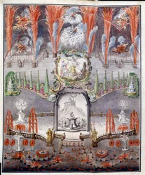 Vuurwerk en verlichting op 17 september 1747 in Gostilitsy (Rusland). Anoniem werk, met aquarel ingekleurde kopergravure, midden 18e eeuw. Russische kunst