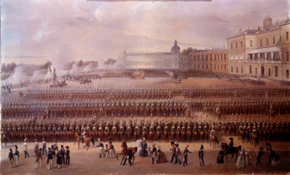 Inhuldiging in 1852 van het monument gewijd aan Paul I in Gatchina onder het bewind van Nicolaas I (Rusland)