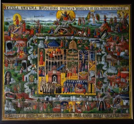 Jeruzalem. Weergave van de stad in het Heilige Land, met de plaatsen uit het leven van Jezus van Nazareth zoals beschreven in de Bijbel
