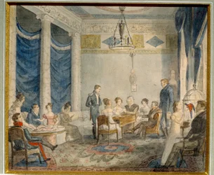 De salon van de familie Olenin in Priyutino (Rusland). Artistieke en literaire bijeenkomst in het huis van Alexei Nikolaevich Olenin