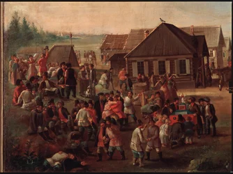 De openbare festiviteiten in het dorp Alexeevskoye