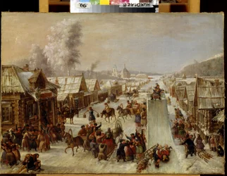 Vastenavond. Tafereel van traditionele feesten en volksvermaak in een besneeuwde straat van een klein stadje met houten huizen. Er is een sleebaan aangelegd en de inwoners drinken en begroeten elkaar vrolijk. Anoniem schilderij