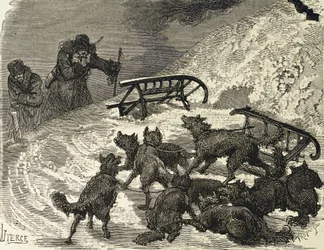 Siberië. Omgevallen slee, Russische kunstenaar (gravure)