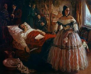 De Russische dichter Alexander Poesjkin op zijn sterfbed, omringd door zijn vrouw Natalia Gontcharova en zijn vrienden. Anoniem schilderij van de Russische school. 1837. Hermitage Museum, Sint-Petersburg
