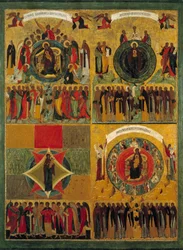 De hymne aan de Maagd Russische Icoon van de 16e eeuw