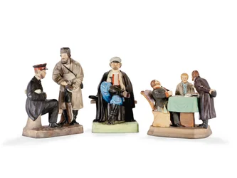 Drie porseleinen beeldengroepen door de Gardner Porseleinfabriek, eind 19e eeuw