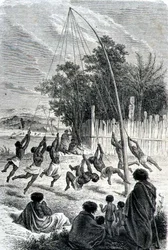 Maori-krijgers spelen op een schommel, illustratie uit 