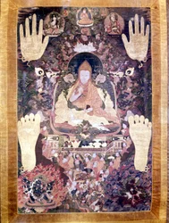 Blo Bzang Rgya ktso, de vijfde Dalai Lama, de meest illustere en belangrijke in de geschiedenis. Tibetaanse thangka, Guimet Museum, Parijs