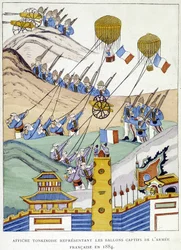 Tonkinese poster die de gevangengenomen ballonnen van het Franse leger in 1884 afbeeldt