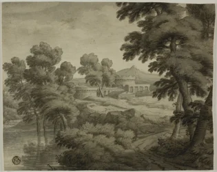 Italianiserend landschap met kasteel, bomen en water op de voorgrond