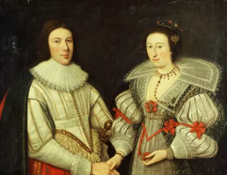 Een Groepsportret van een Heer, halflang, in een Witte Dubbel en Kraag, en zijn Vrouw, in een Witte en Groene Jurk, Waaierkraag en Gouden Ketting