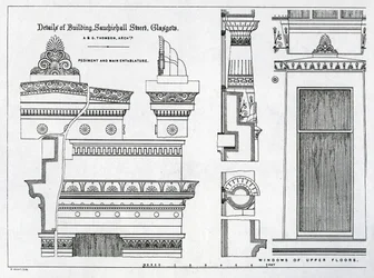 Architectonische details van Griekse kamers, 336-356 Sauchiehall Street, Glasgow, ontworpen door Alexander Greek Thomson, 1869