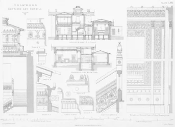Exterieur en interieur van Holmwood, Glasgow (gravure)