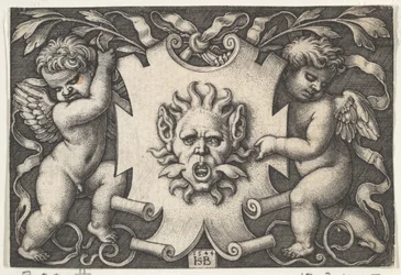 Een Masker op een Wapenschild Ondersteund door Twee Genii, 1544