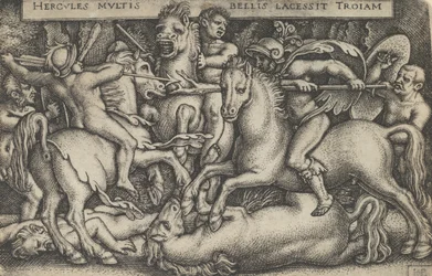 Hercules vecht tegen de Trojanen, uit De Werken van Hercules, 1545