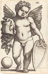 Mannelijk genie met een wapenschild