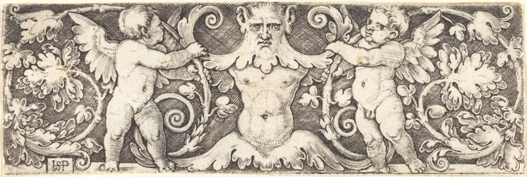 Ornament met mannelijke halve figuur tussen twee genii