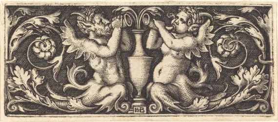 Ornament met twee Tritons die hoorns blazen
