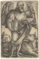 Sint Lucas met zijn hoofd in profiel naar rechts gedraaid, een boek in elke hand