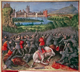 Slag tijdens de Eerste Kruistocht Volkskruistocht, 1096-1099, ca. 1490