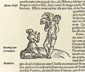 Een heks roept een driehoofdige demon op, uit de editie van 1550 van 