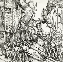Belegering van Carthago, gravure uit Universalis Cosmographia (Universele Kosmologie), door Sebastian Munster (1488-1552). Duitsland