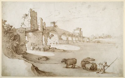 Een veedrijver die een team ossen aanspoort om de Tiber over te zwemmen bij de Ponte Milvio Crossing