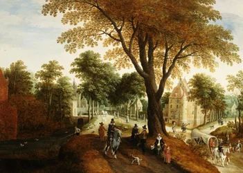 Elegante ruiters en figuren op een pad voor een kasteel