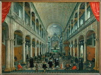 Interieur van de Jezuïetenkerk in Antwerpen, België (olieverf op eikenhout)