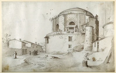 S. Maria della Febbre, met de Funeraria Kapel van Sixtus IV en de muur van Oud Sint-Pieter, Rome, rechts