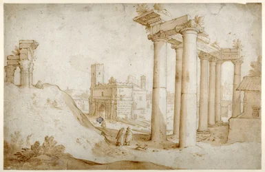 Het Forum Romanum met de Tempel van Titus en Vespasianus, de Tempel van Saturnus en de Boog van Septimius Severus