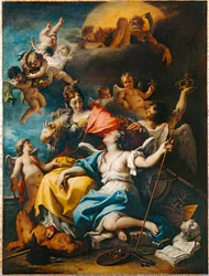 Allegorie van Frankrijk onder de figuur van Minerva die Onwetendheid vertrapt en Deugd kroont ...