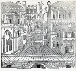 Magische scène, theatraal decorontwerp van Sebastiano Serlio (1475-1554), illustratie uit Verhandeling over architectuur, boek II