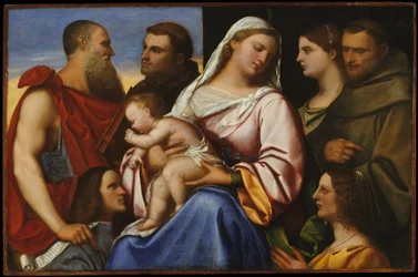 Madonna en kind met heiligen en schenkers, ca. 1485-1547 (olieverf op hout)